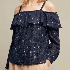 Floreat Anthropologie Starlit Navy Blue Star Print Cold Shoulder Top Blouse